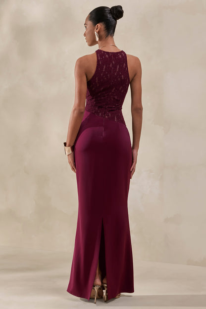 Anthelia | Burgundy Lace And Satin Racer-Neck Maxi Dress With Draped-Detail