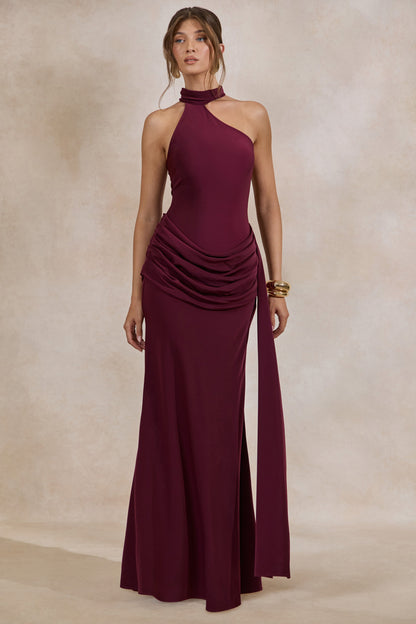 Aevina | Burgundy Satin Asymmetric-Neck Maxi Dress With Scarf-Detail