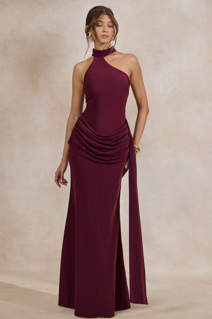 Aevina | Burgundy Satin Asymmetric-Neck Maxi Dress With Scarf-Detail