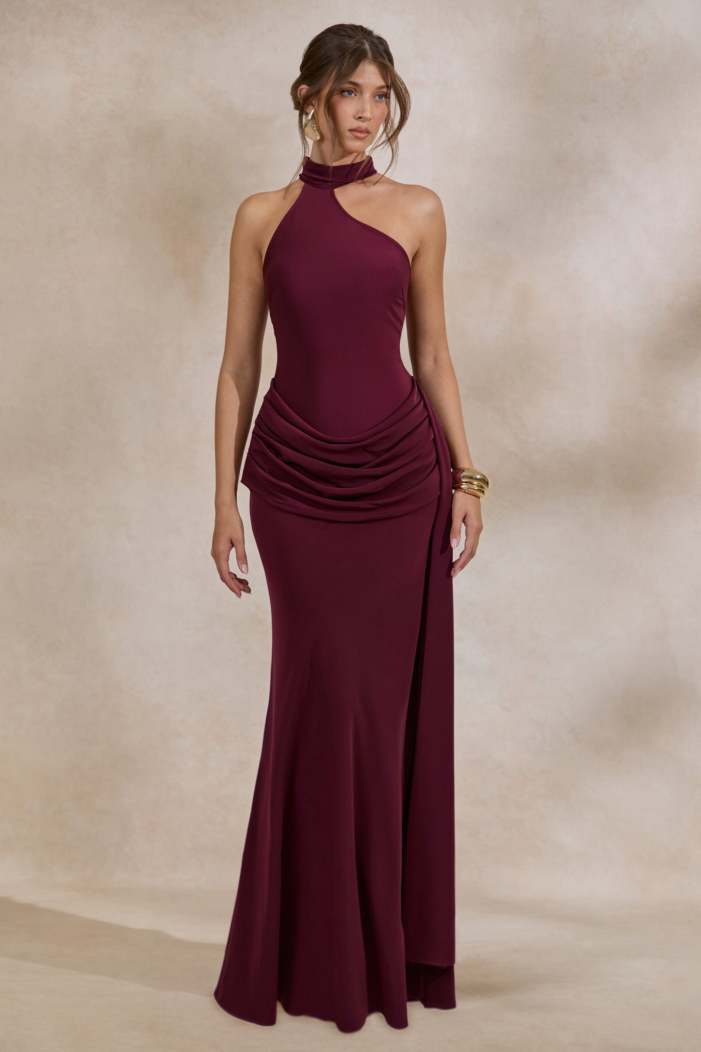 Aevina | Burgundy Satin Asymmetric-Neck Maxi Dress With Scarf-Detail
