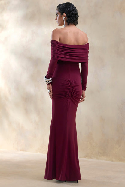 Brisea | Burgundy Bardot-Neck Maxi Dress