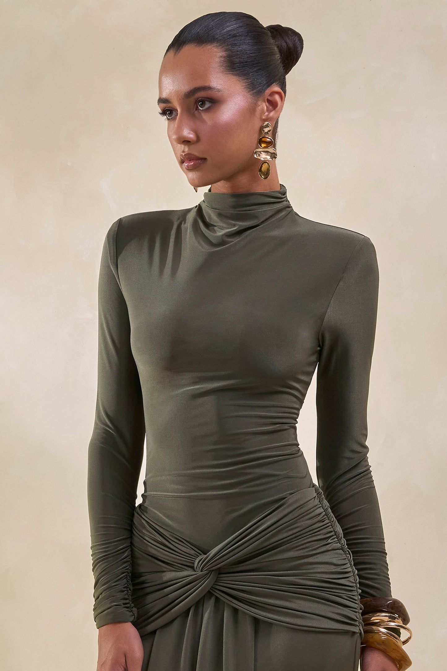 Lyanna | Khaki Turtle-Neck Thong Bodysuit