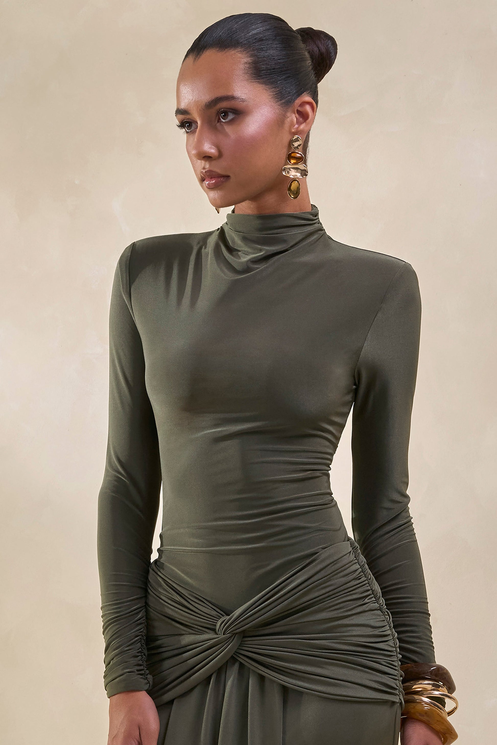 Lyanna | Khaki Turtle-Neck Thong Bodysuit