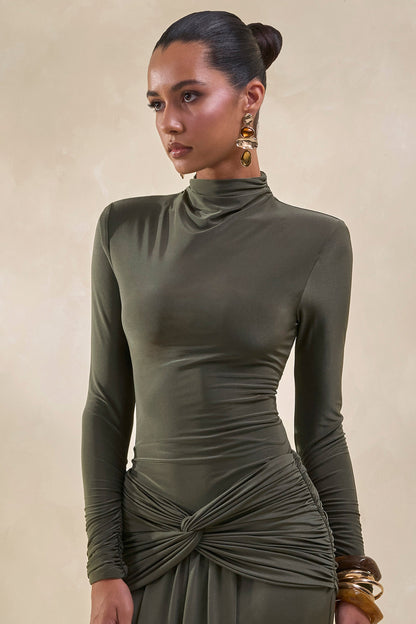 Lyanna | Khaki Turtle-Neck Thong Bodysuit
