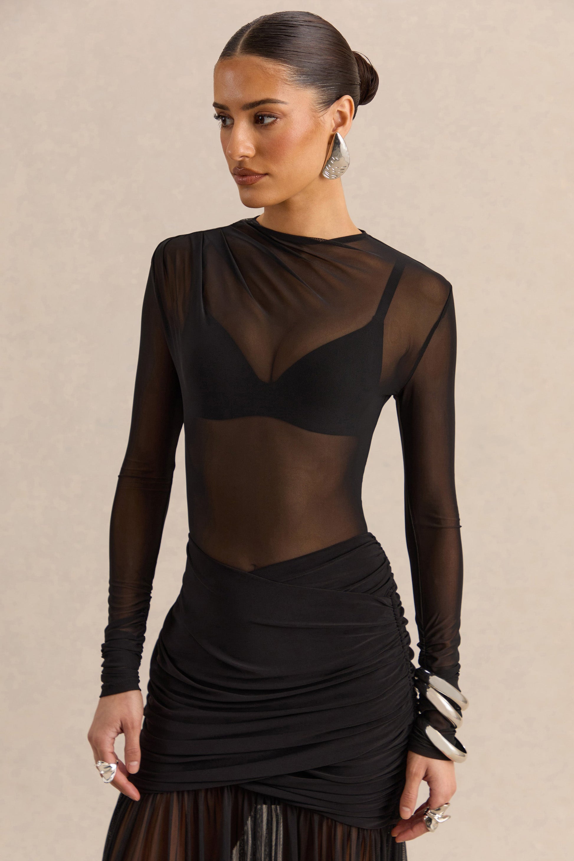 Garina | Black Mesh High-Neck Thong Bodysuit With Long-Sleeves