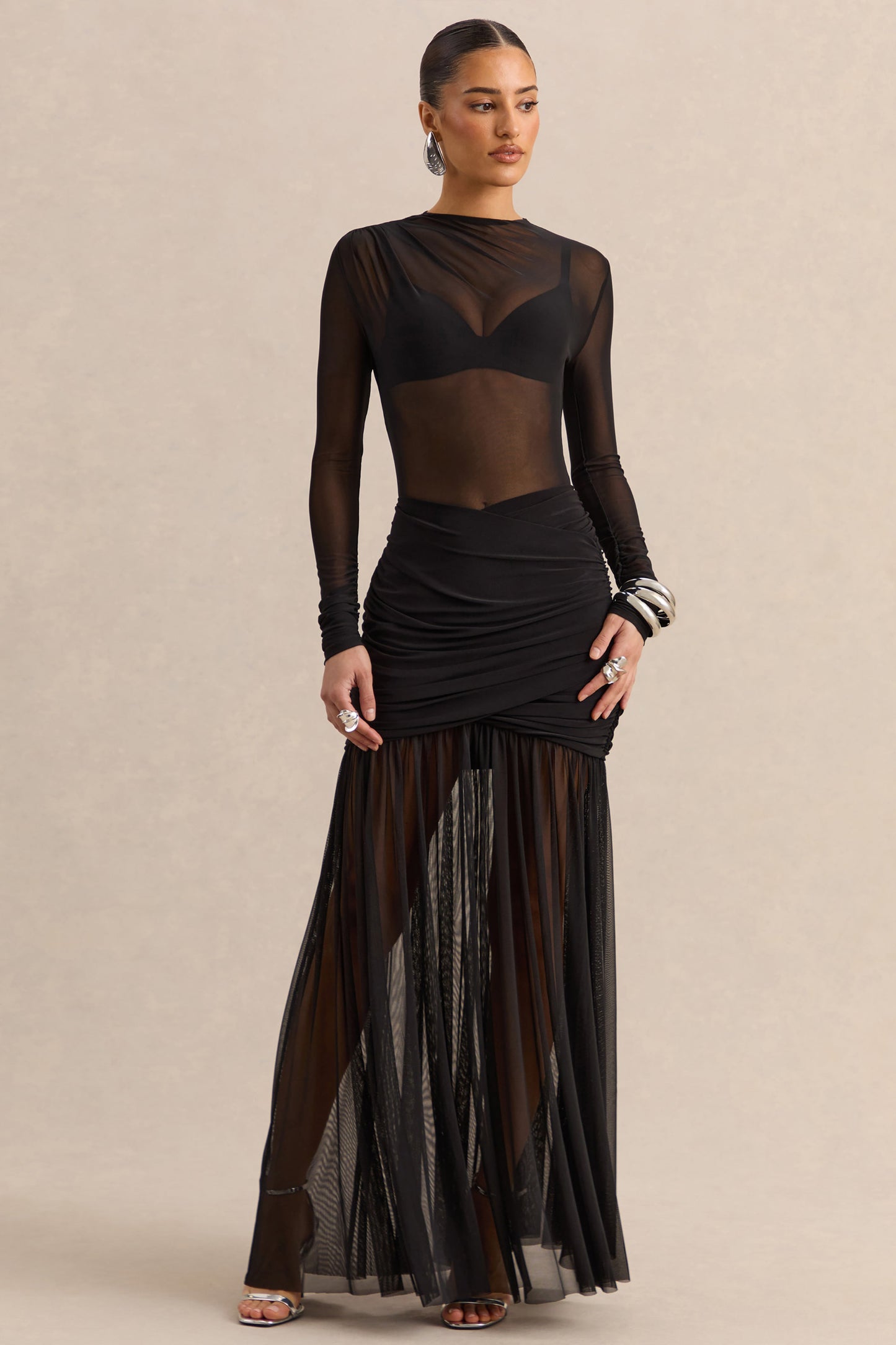 Garina | Black Mesh High-Neck Thong Bodysuit With Long-Sleeves