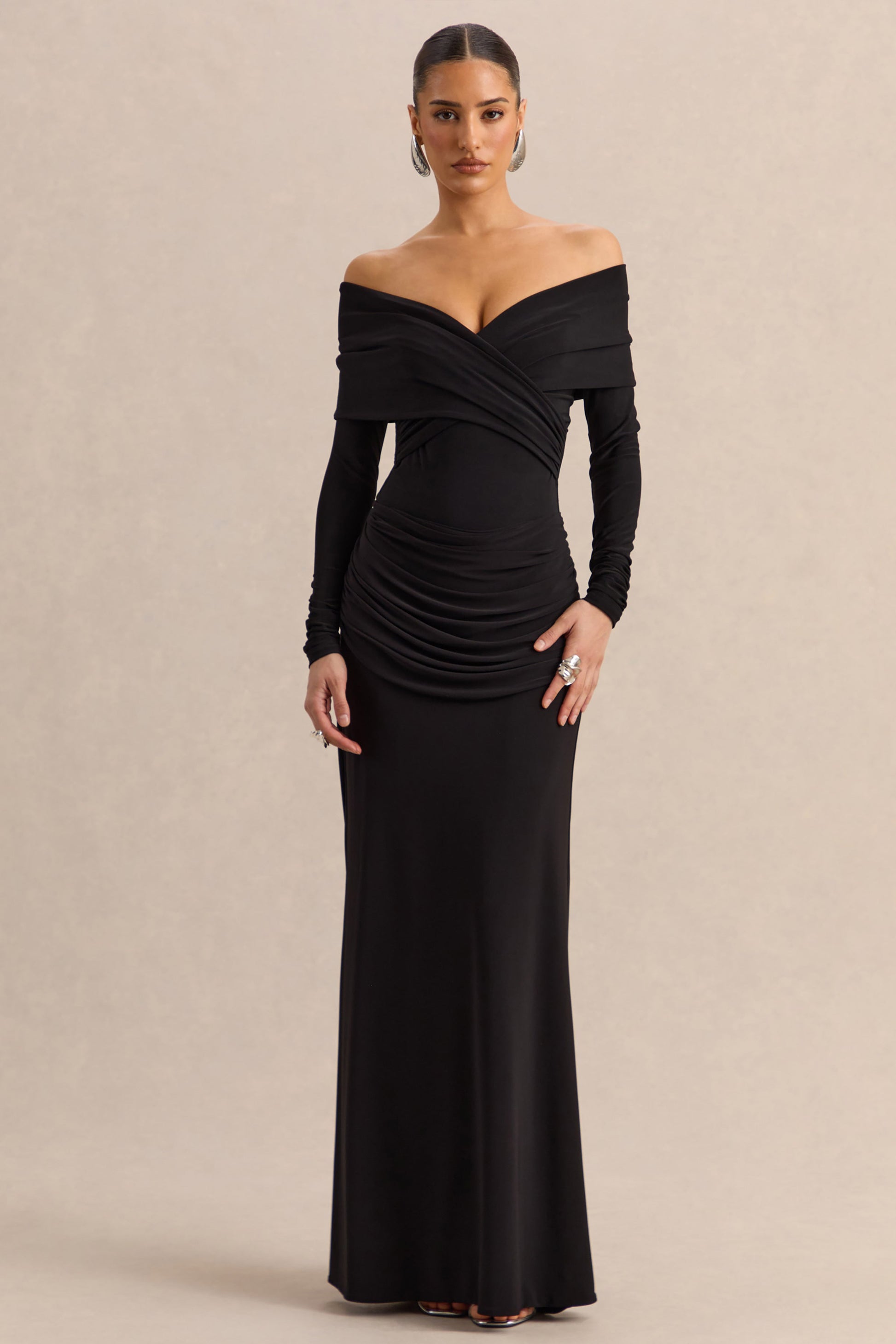 Kaelis | Black Bardot-Neck Thong Bodysuit With Long-Sleeves