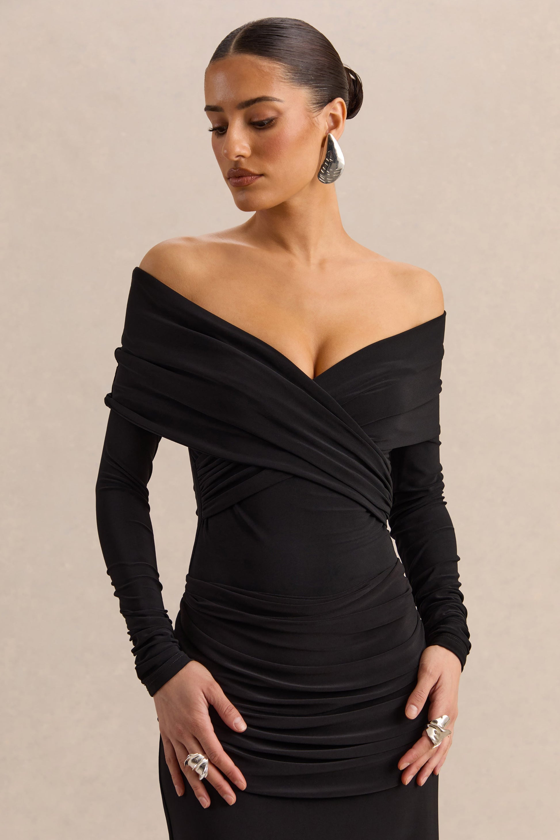 Kaelis | Black Bardot-Neck Thong Bodysuit With Long-Sleeves