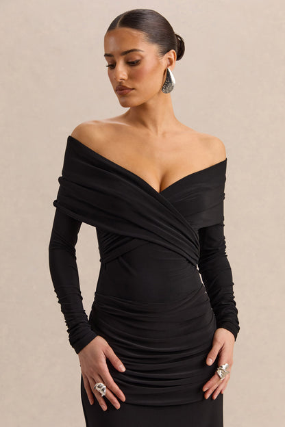 Kaelis | Black Bardot-Neck Thong Bodysuit With Long-Sleeves