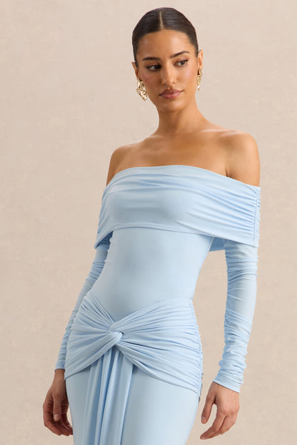 Helia | Blue Bardot Neck Thong Bodysuit With Ruched Long Sleeves