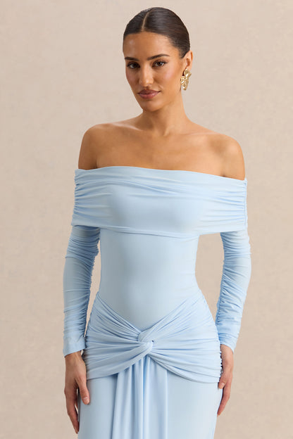 Helia | Blue Bardot Neck Thong Bodysuit With Ruched Long Sleeves