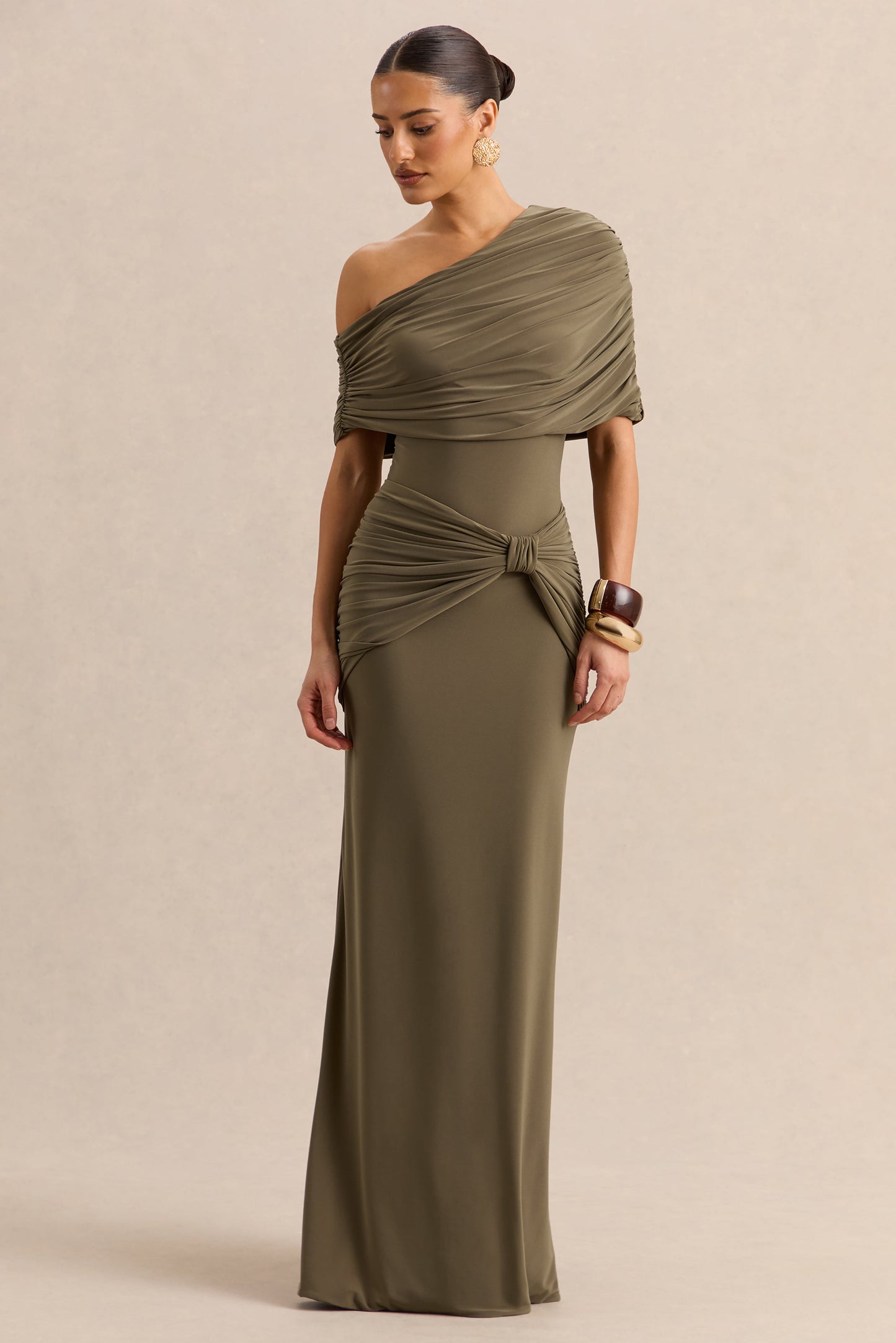Larelle | Khaki Asymmetric-Neck Thong Bodysuit With Ruched-Detailing