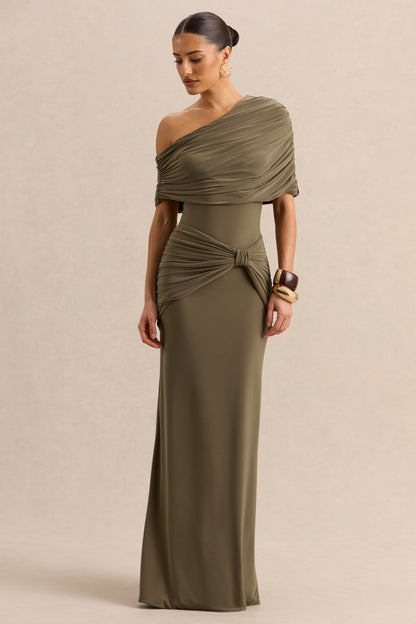 Larelle | Khaki Asymmetric-Neck Thong Bodysuit With Ruched-Detailing