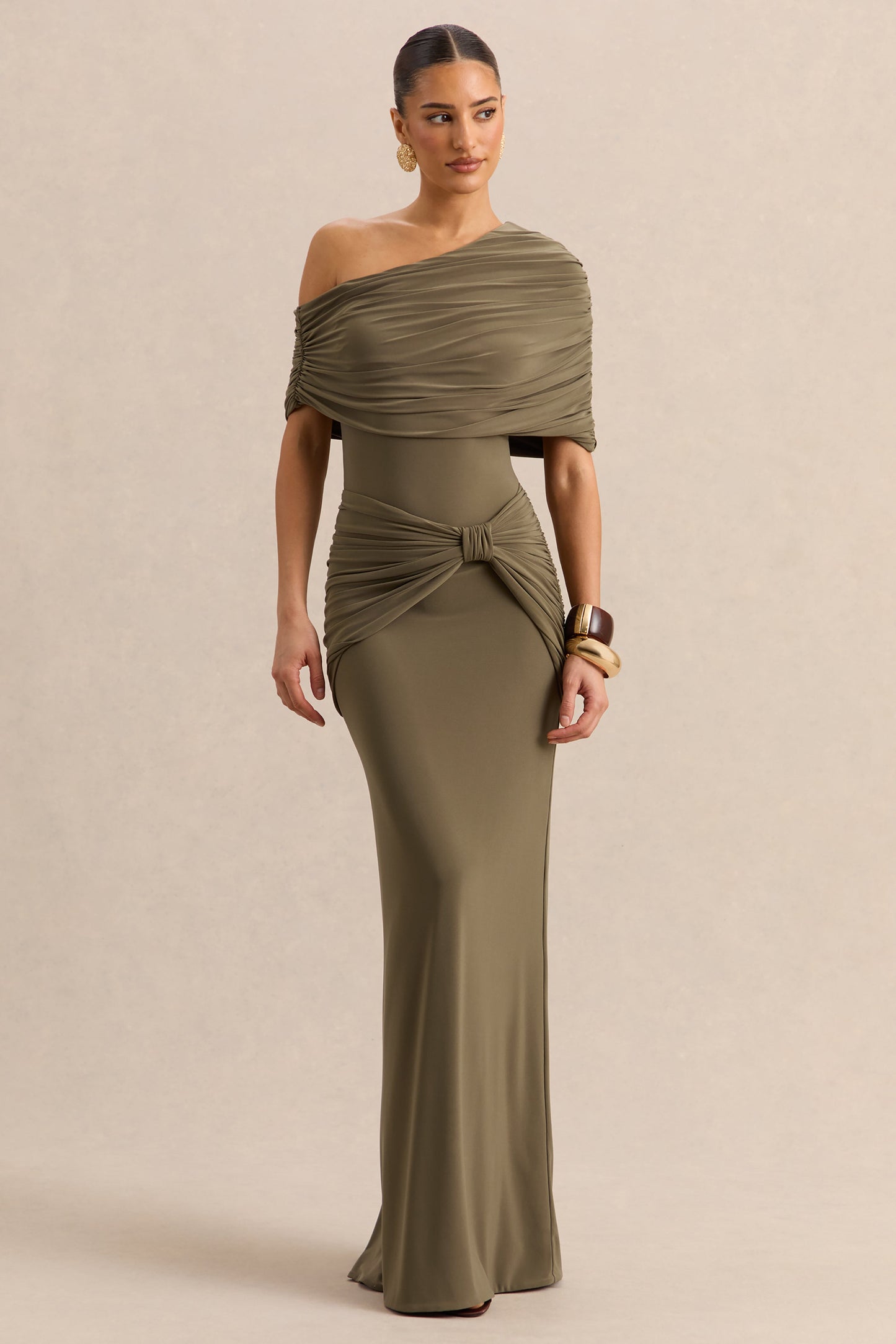Larelle | Khaki Asymmetric-Neck Thong Bodysuit With Ruched-Detailing