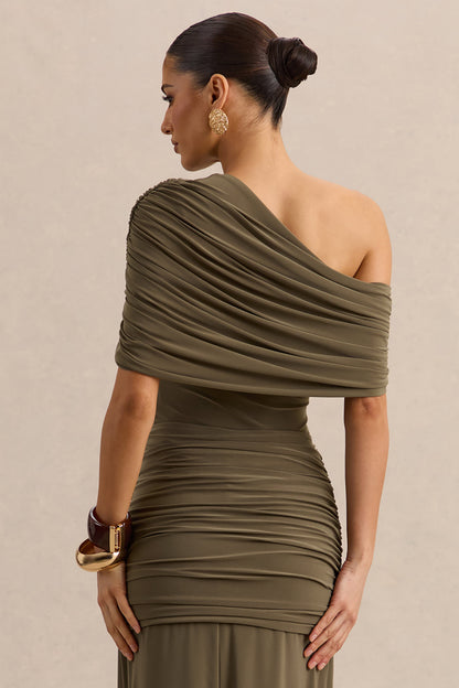 Larelle | Khaki Asymmetric-Neck Thong Bodysuit With Ruched-Detailing