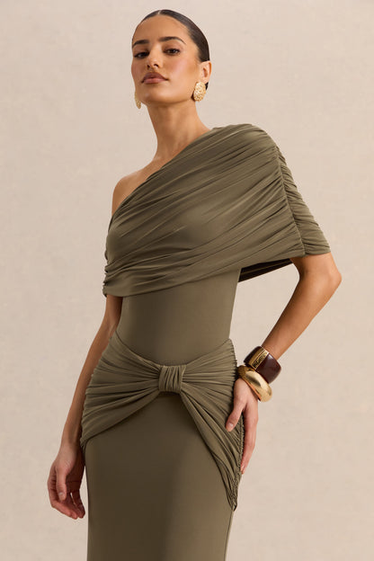 Larelle | Khaki Asymmetric-Neck Thong Bodysuit With Ruched-Detailing