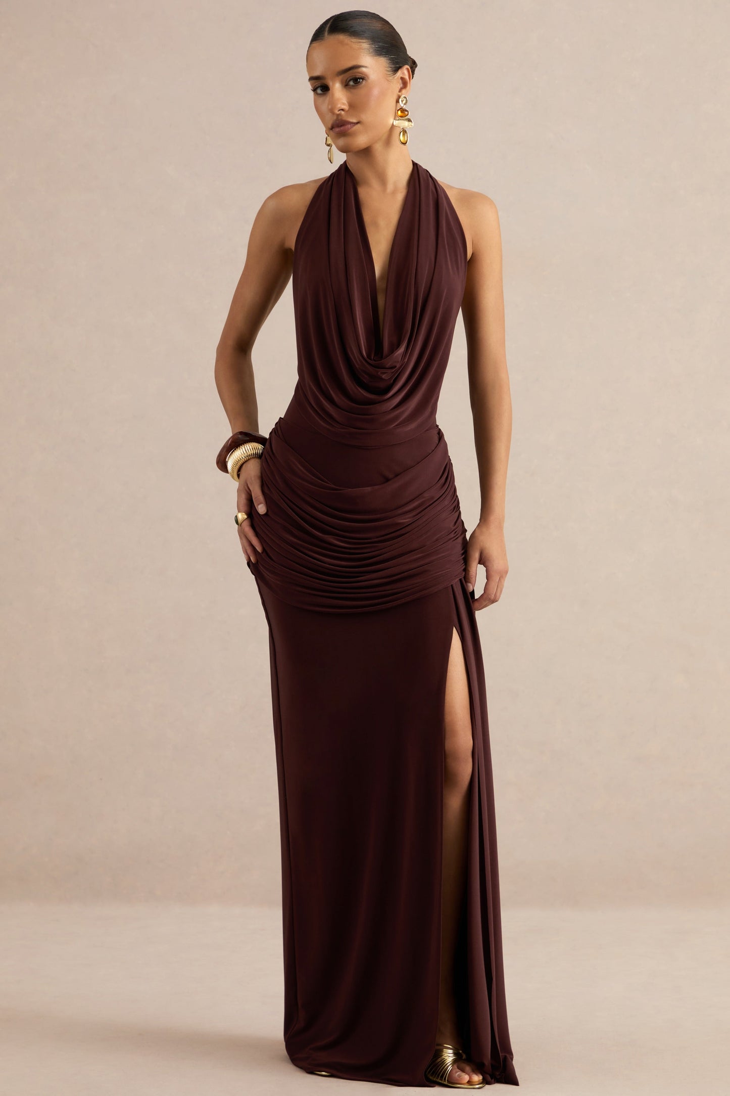 Ariadne | Dark Brown Draped Maxi Skirt With Split