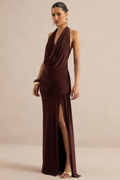 Ariadne | Dark Brown Draped Maxi Skirt With Split