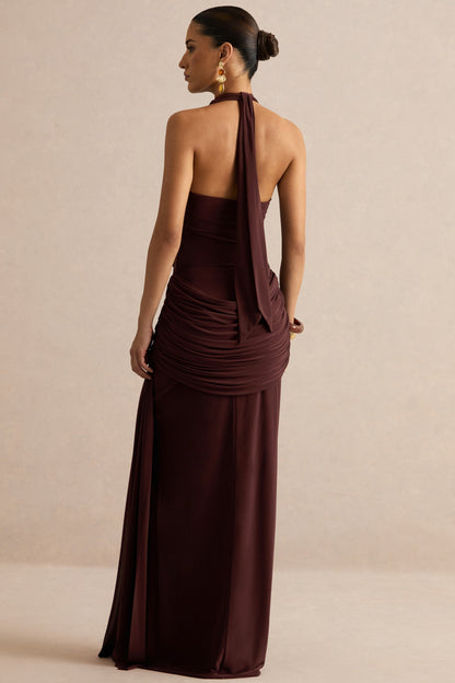 Ariadne | Dark Brown Draped Maxi Skirt With Split