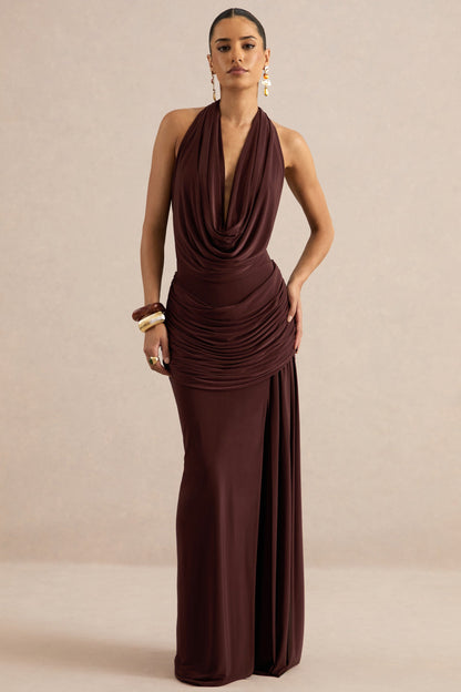 Ariadne | Dark Brown Draped Maxi Skirt With Split