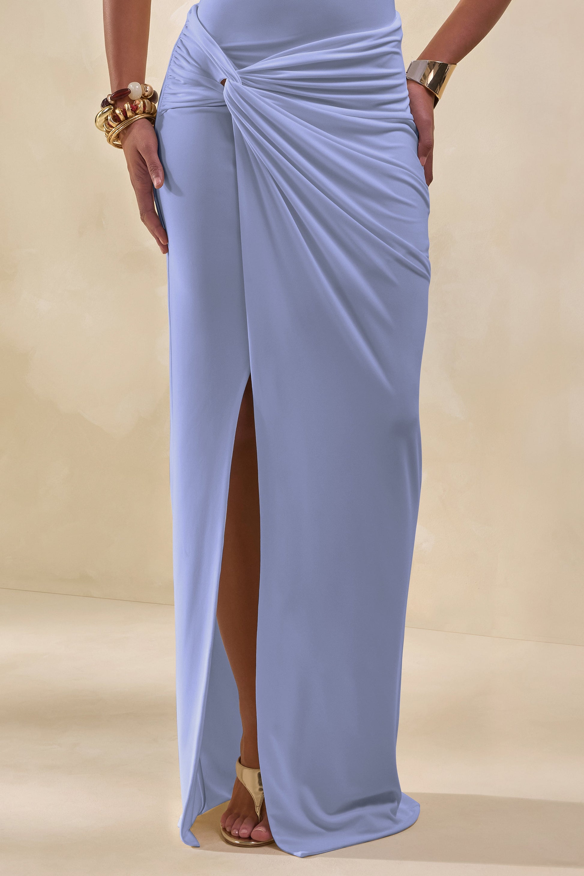 Idris | Blue Twisted Waist Maxi Skirt With Front Split
