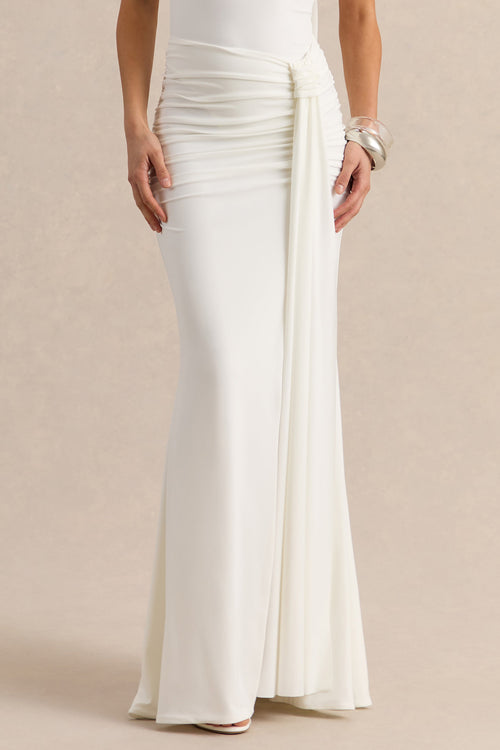 Eowyn | White Ruched Maxi Skirt With Front Split