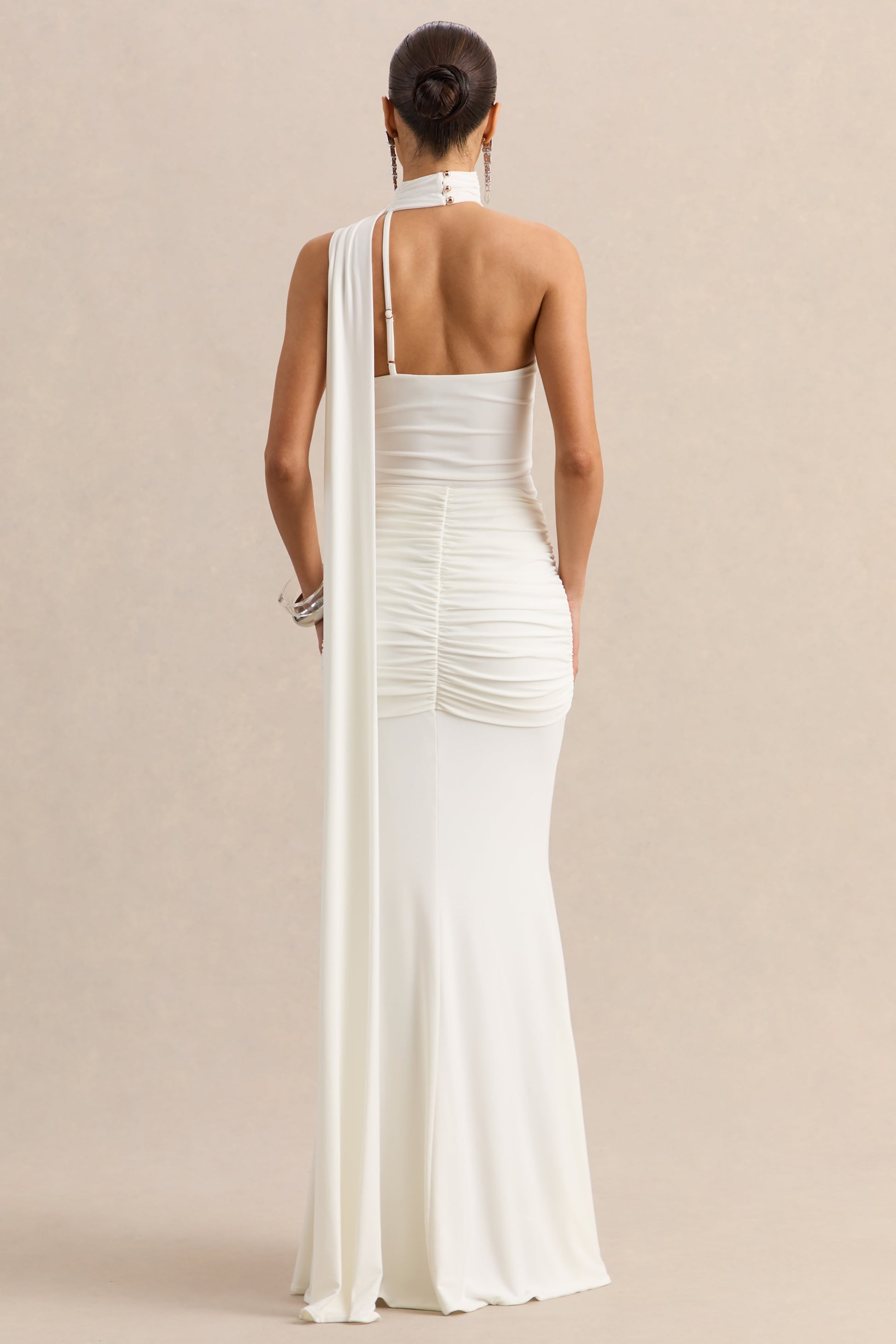 Eowyn | White Ruched Maxi Skirt With Front Split