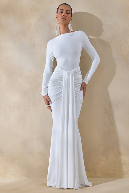 Liatris | White Wide-Neck Maxi-Dress With Gathered-Detailing