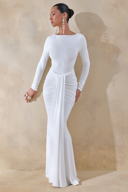 Liatris | White Wide-Neck Maxi-Dress With Gathered-Detailing