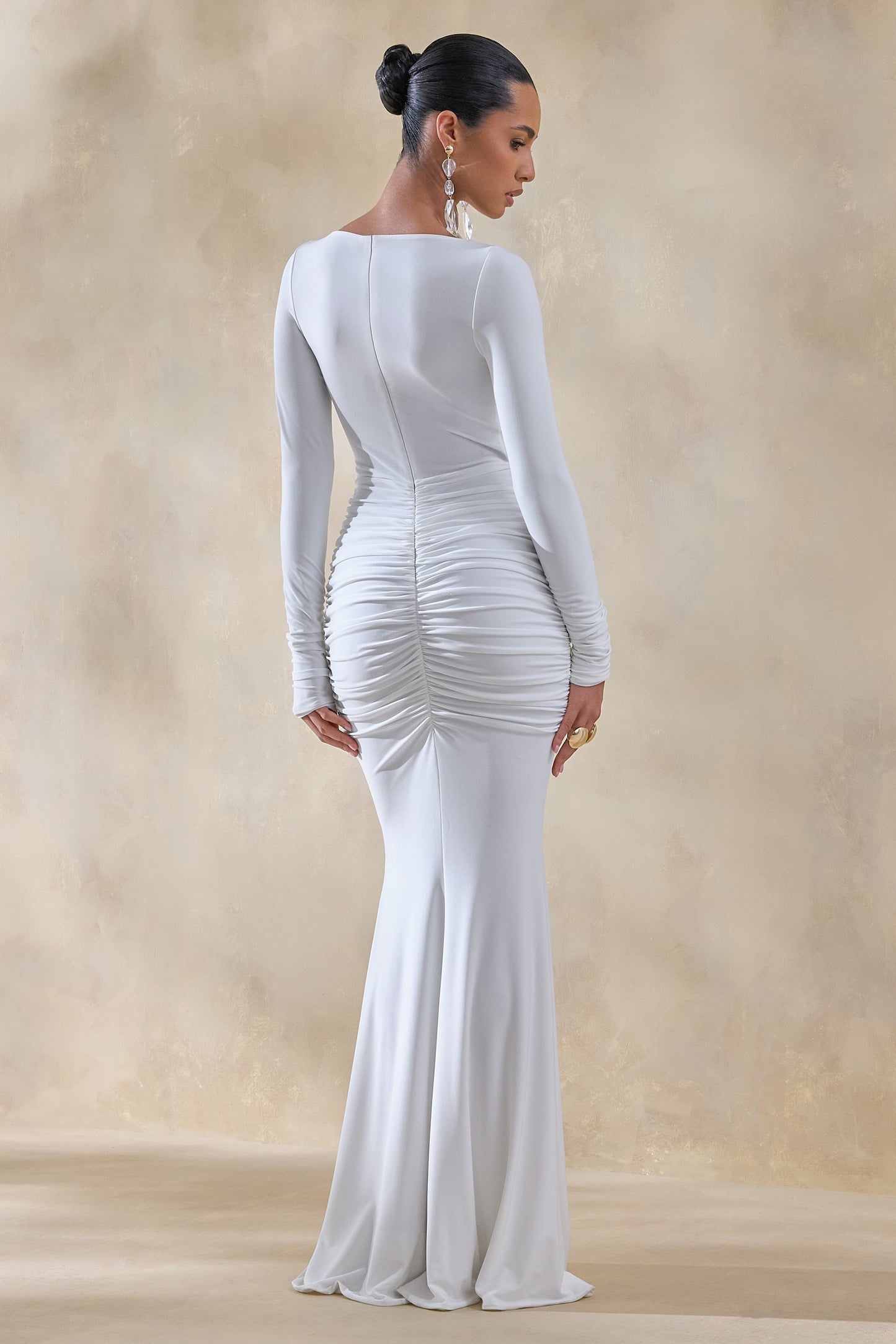 Liatris | White Wide-Neck Maxi-Dress With Gathered-Detailing