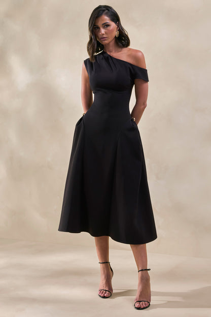 Celosia | Black Asymmetric-Neck Midi Dress With Gold-Detailing