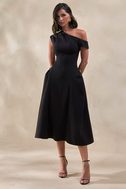 Celosia | Black Asymmetric-Neck Midi Dress With Gold-Detailing