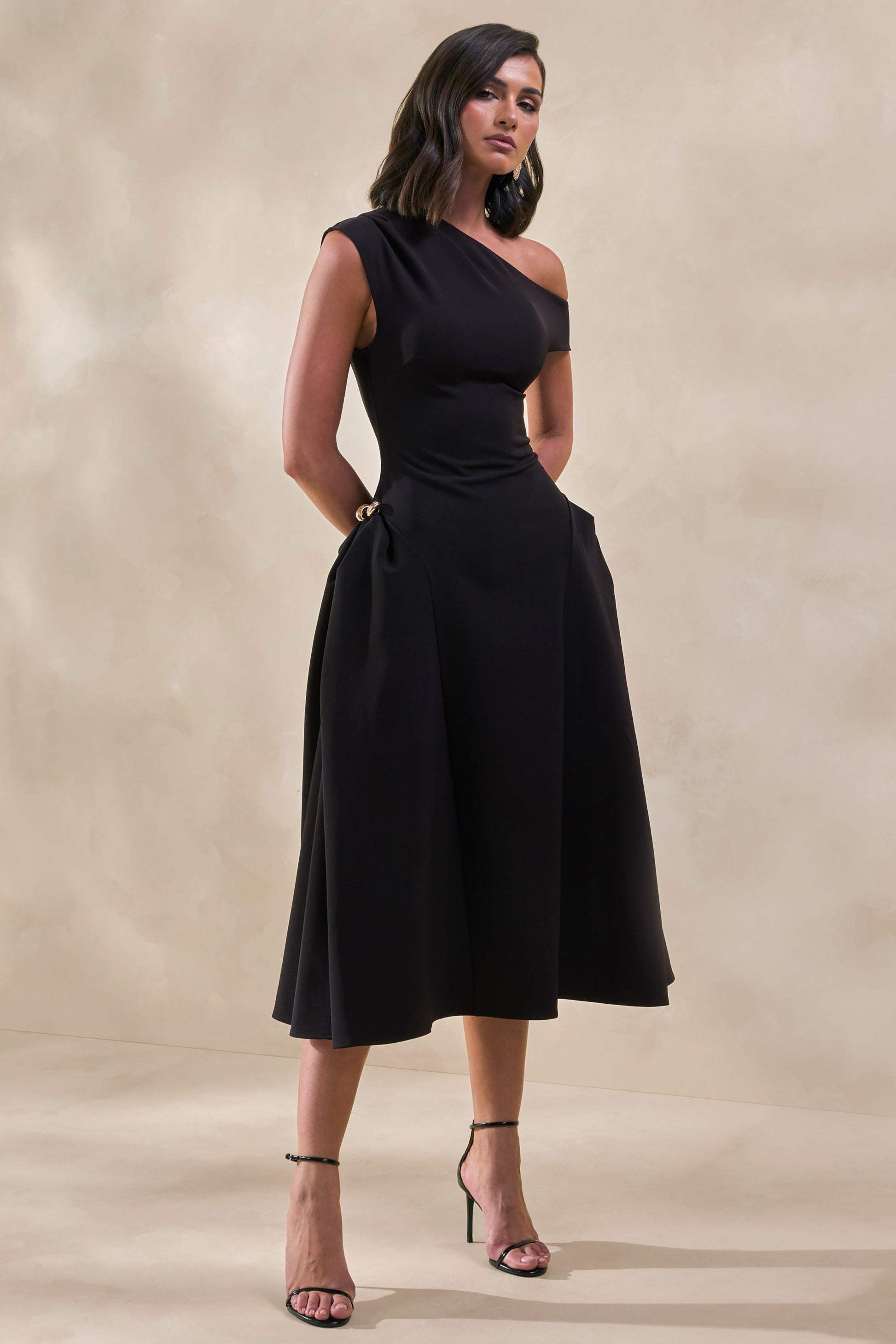 Celosia | Black Asymmetric-Neck Midi Dress With Gold-Detailing