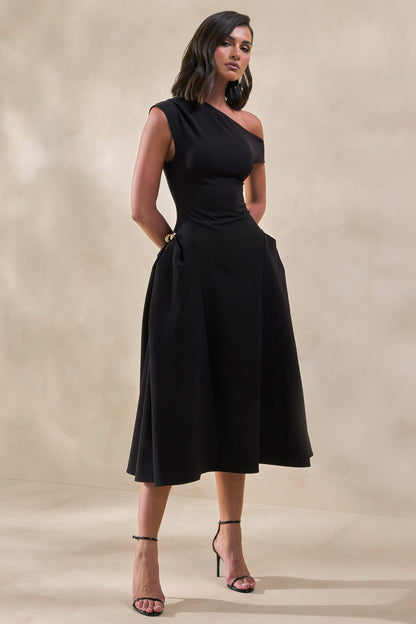 Celosia | Black Asymmetric-Neck Midi Dress With Gold-Detailing