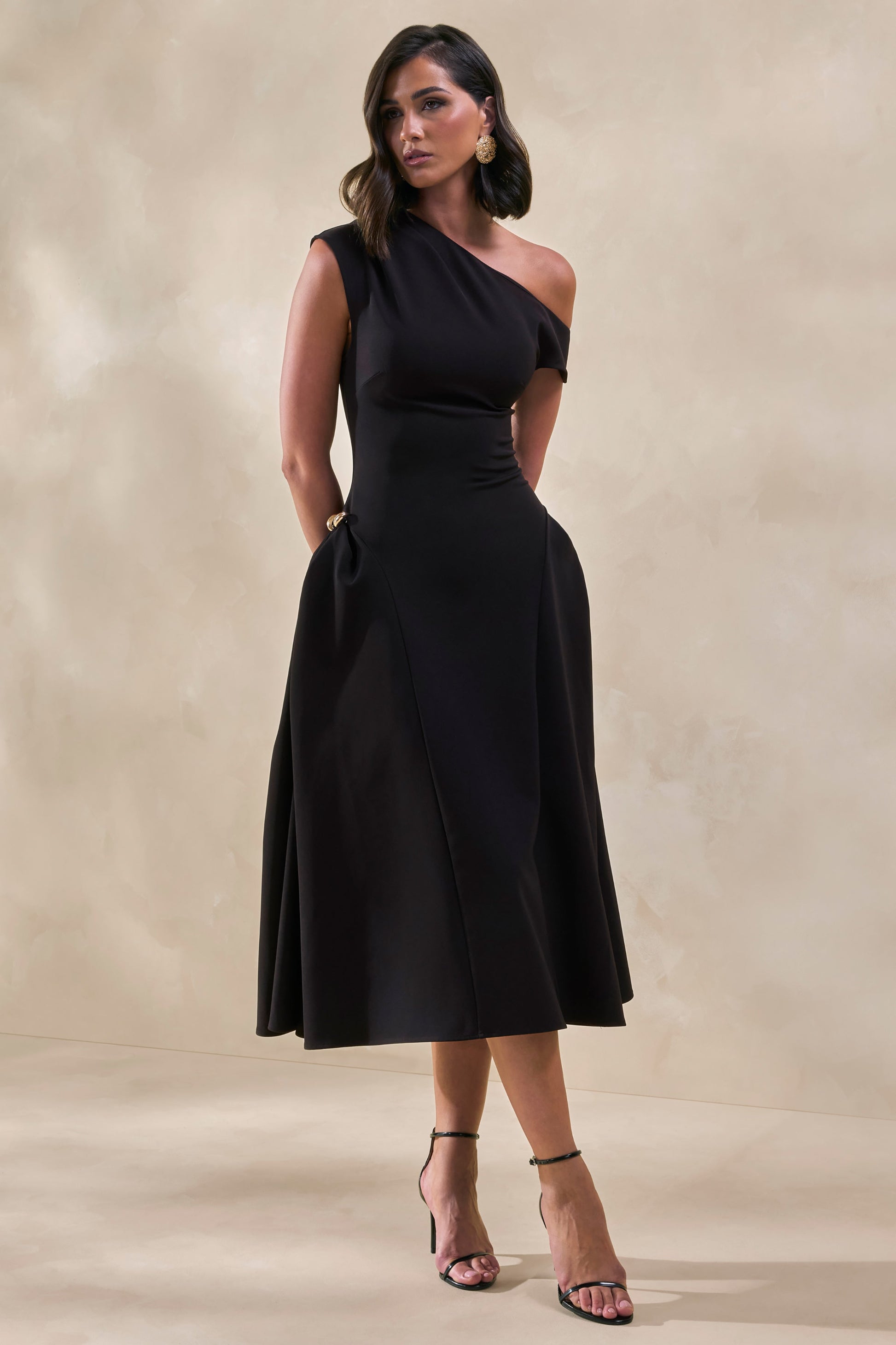 Celosia | Black Asymmetric-Neck Midi Dress With Gold-Detailing
