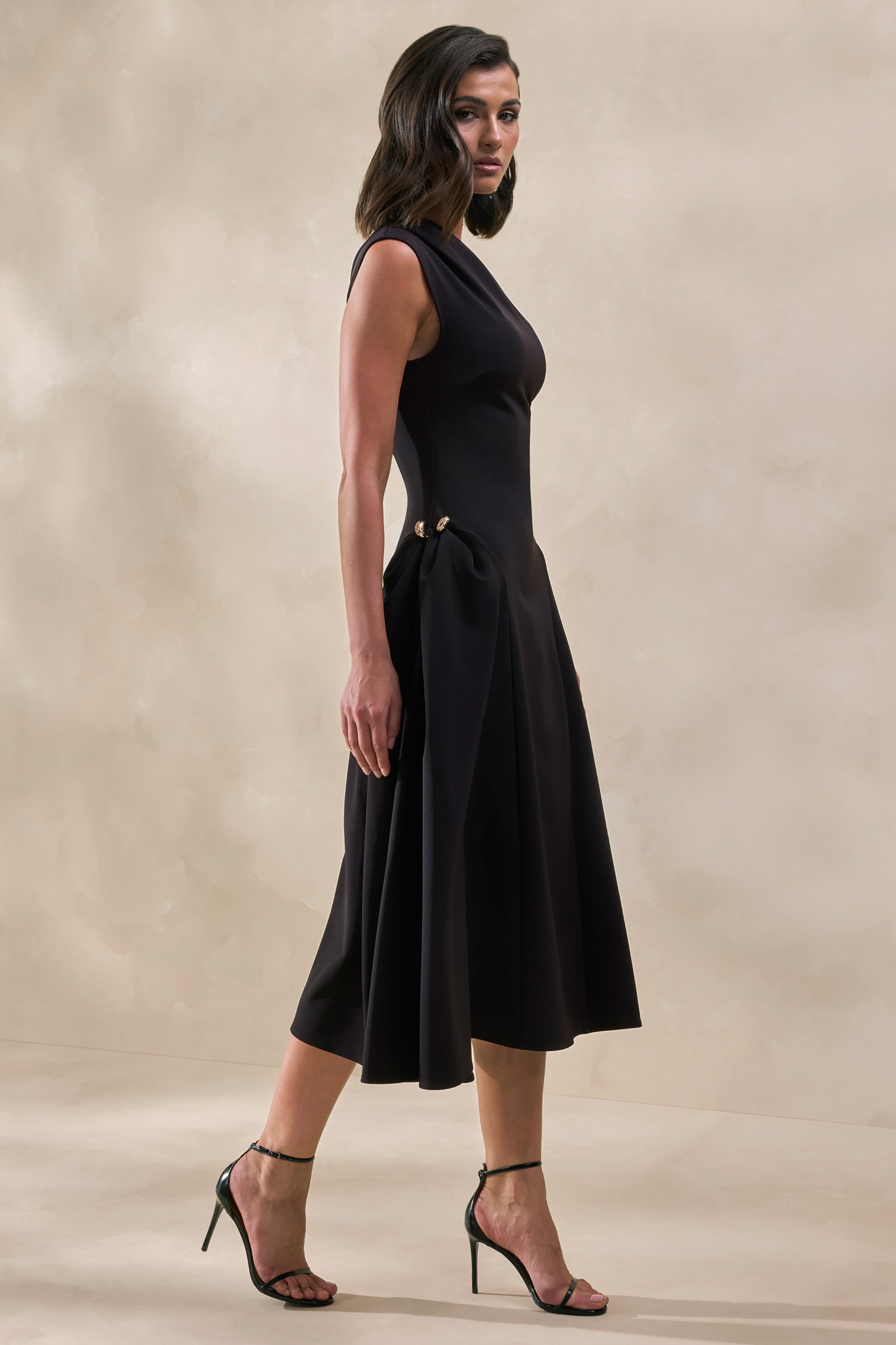 Celosia | Black Asymmetric-Neck Midi Dress With Gold-Detailing