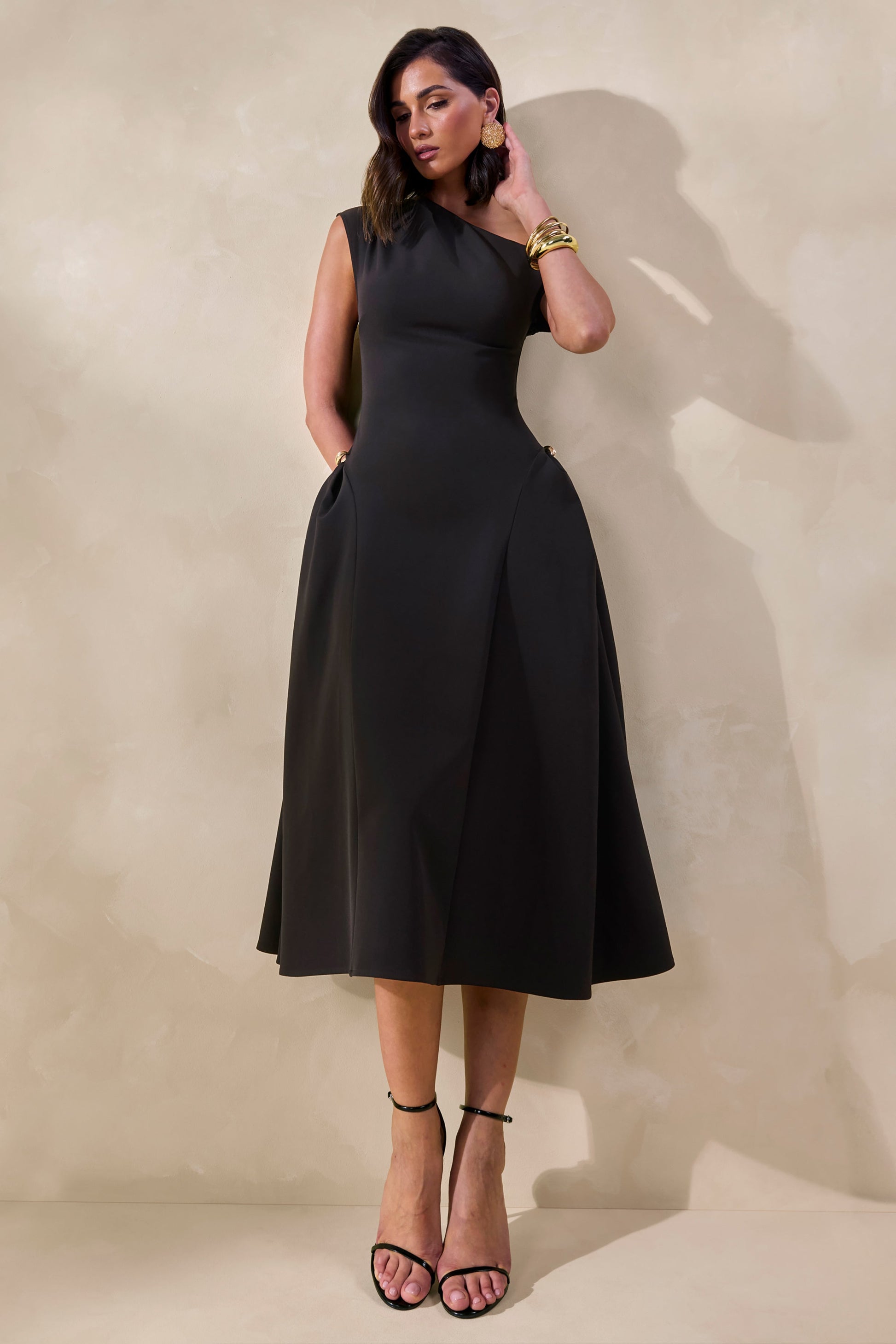 Celosia | Black Asymmetric-Neck Midi Dress With Gold-Detailing
