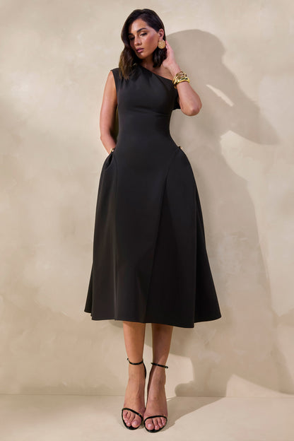 Celosia | Black Asymmetric-Neck Midi Dress With Gold-Detailing