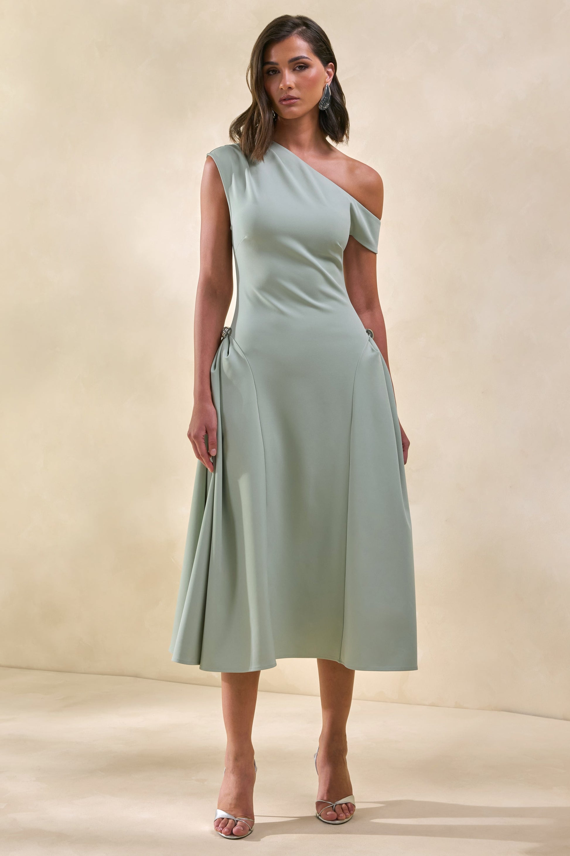 Celosia | Sage Asymmetric-Neck Midi Dress With Silver Detailing