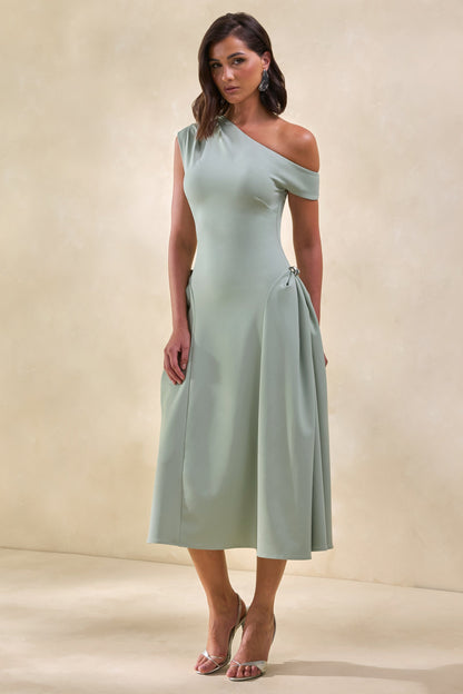 Celosia | Sage Asymmetric-Neck Midi Dress With Silver Detailing
