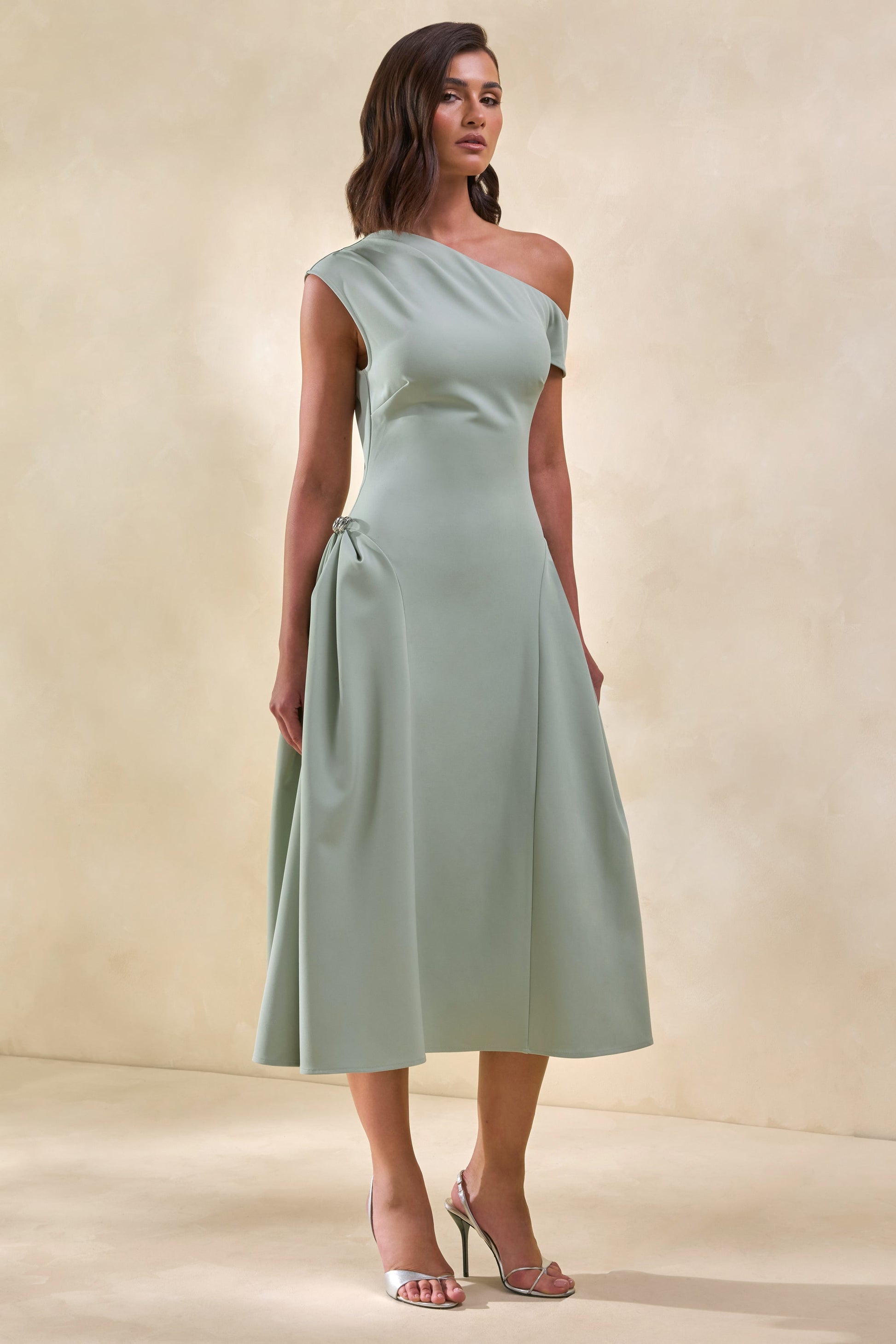 Celosia | Sage Asymmetric-Neck Midi Dress With Silver Detailing