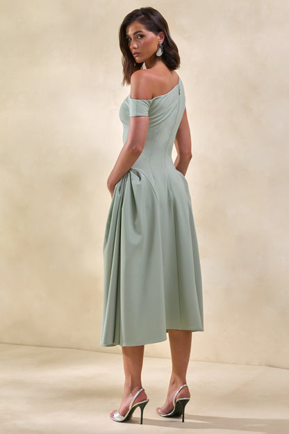 Celosia | Sage Asymmetric-Neck Midi Dress With Silver Detailing