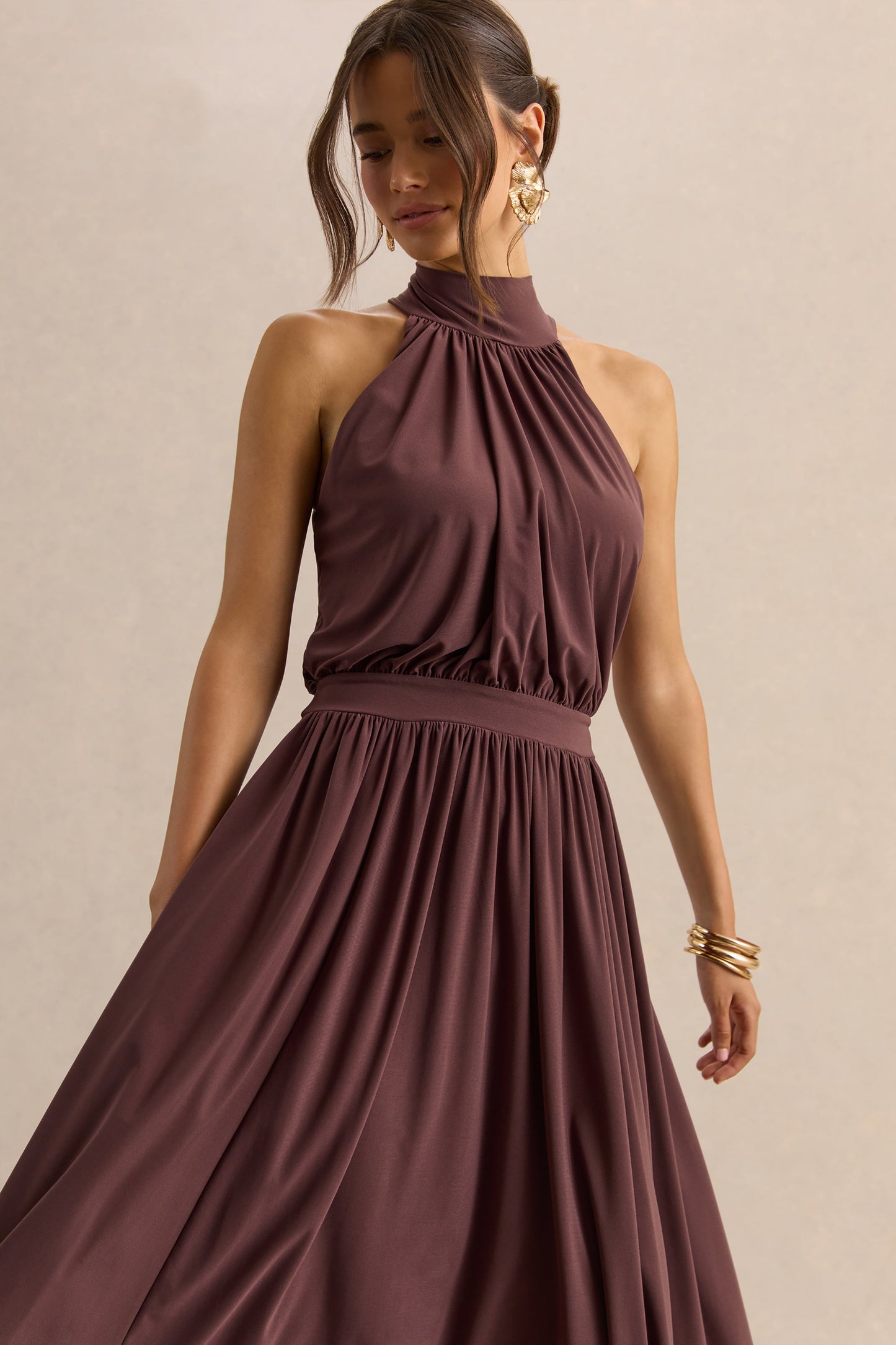Hedira | Brown High-Neck Midi Dress