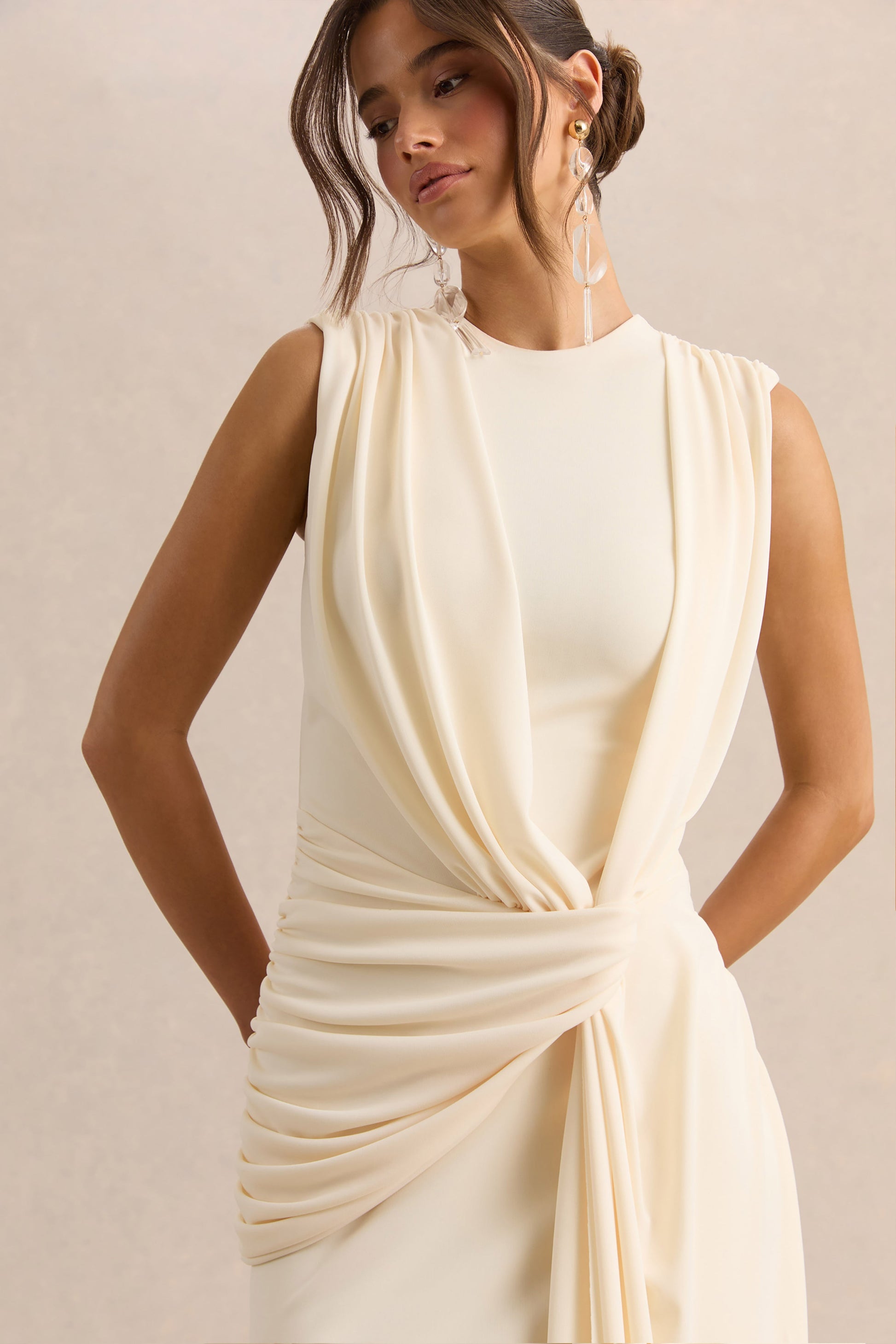 Blythia | Cream Round-Neck Maxi Dress With Gathered-Detailing