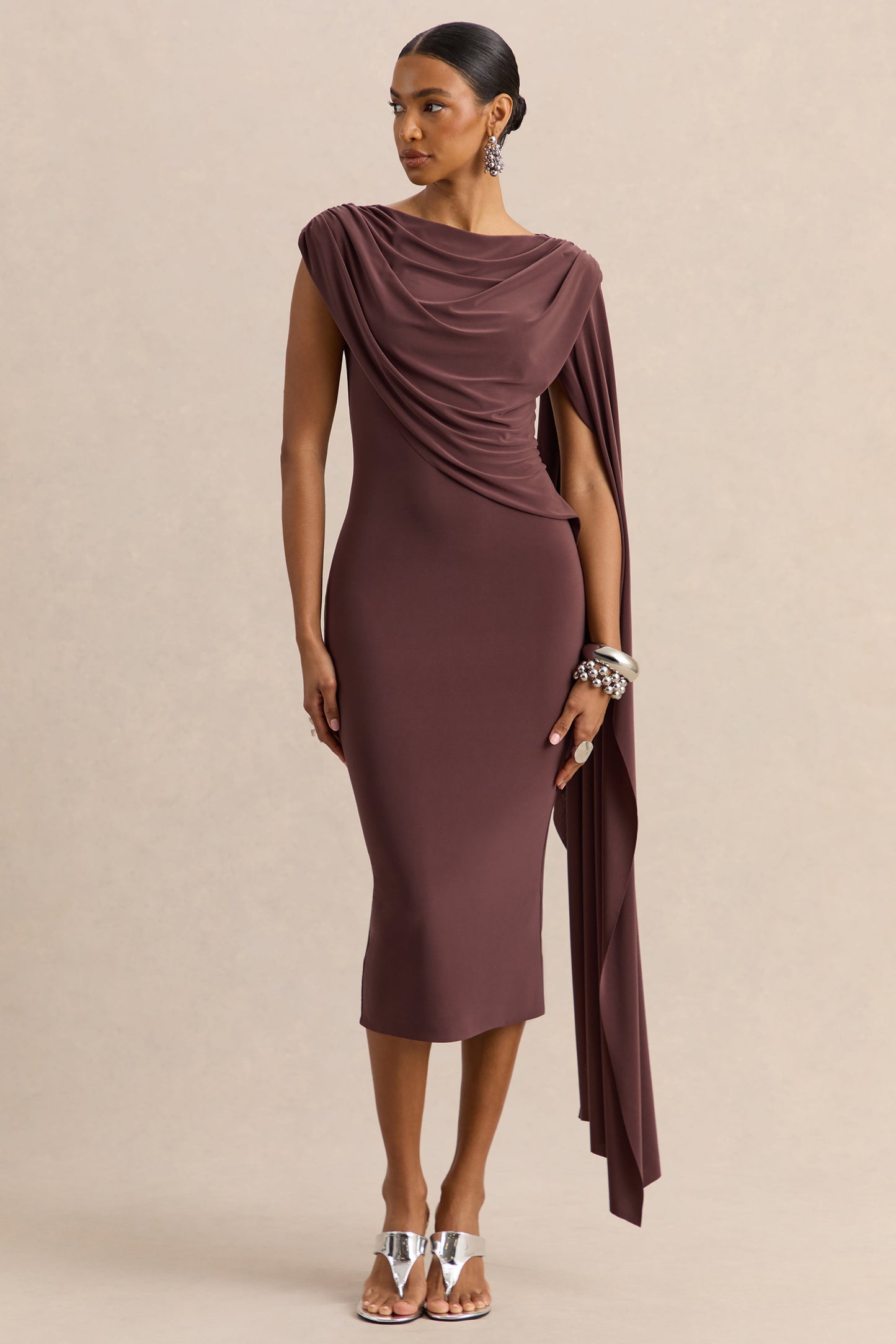 Kamoria | Brown Round-Neck Midi Dress With Cape-Sleeve