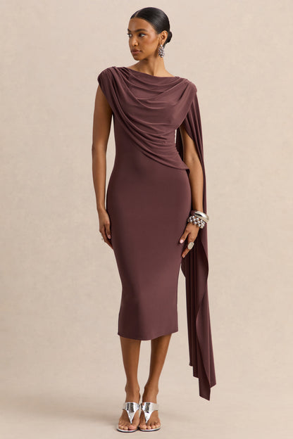 Kamoria | Brown Round-Neck Midi Dress With Cape-Sleeve