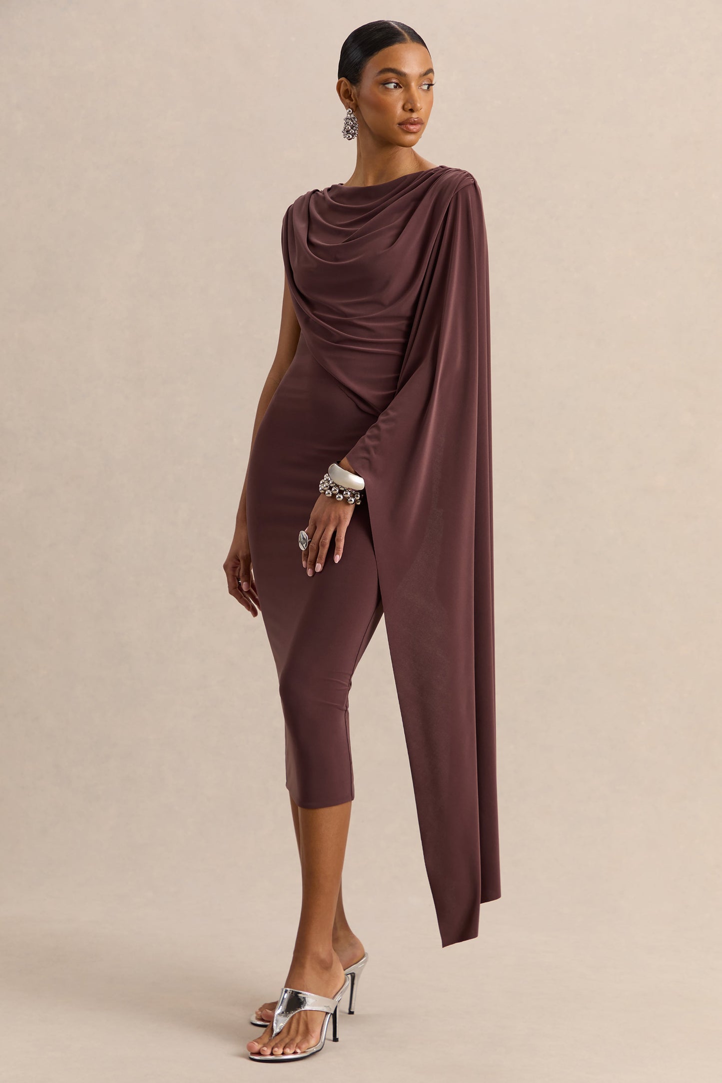 Kamoria | Brown Round-Neck Midi Dress With Cape-Sleeve