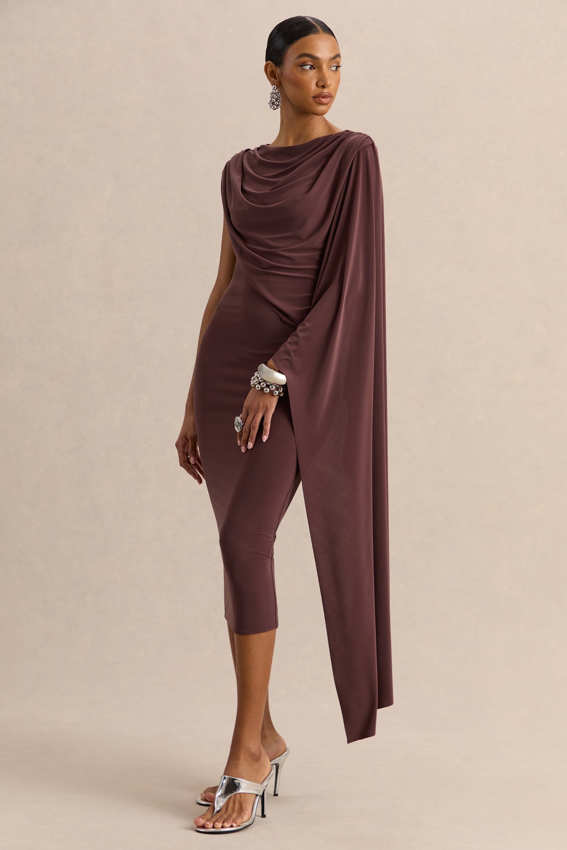Kamoria | Brown Round-Neck Midi Dress With Cape-Sleeve
