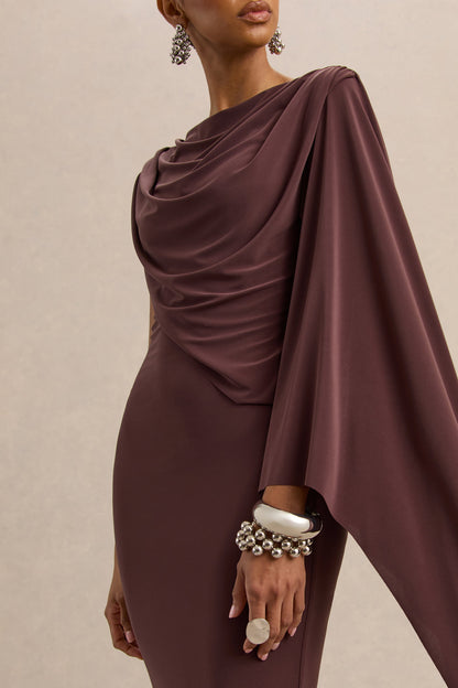 Kamoria | Brown Round-Neck Midi Dress With Cape-Sleeve