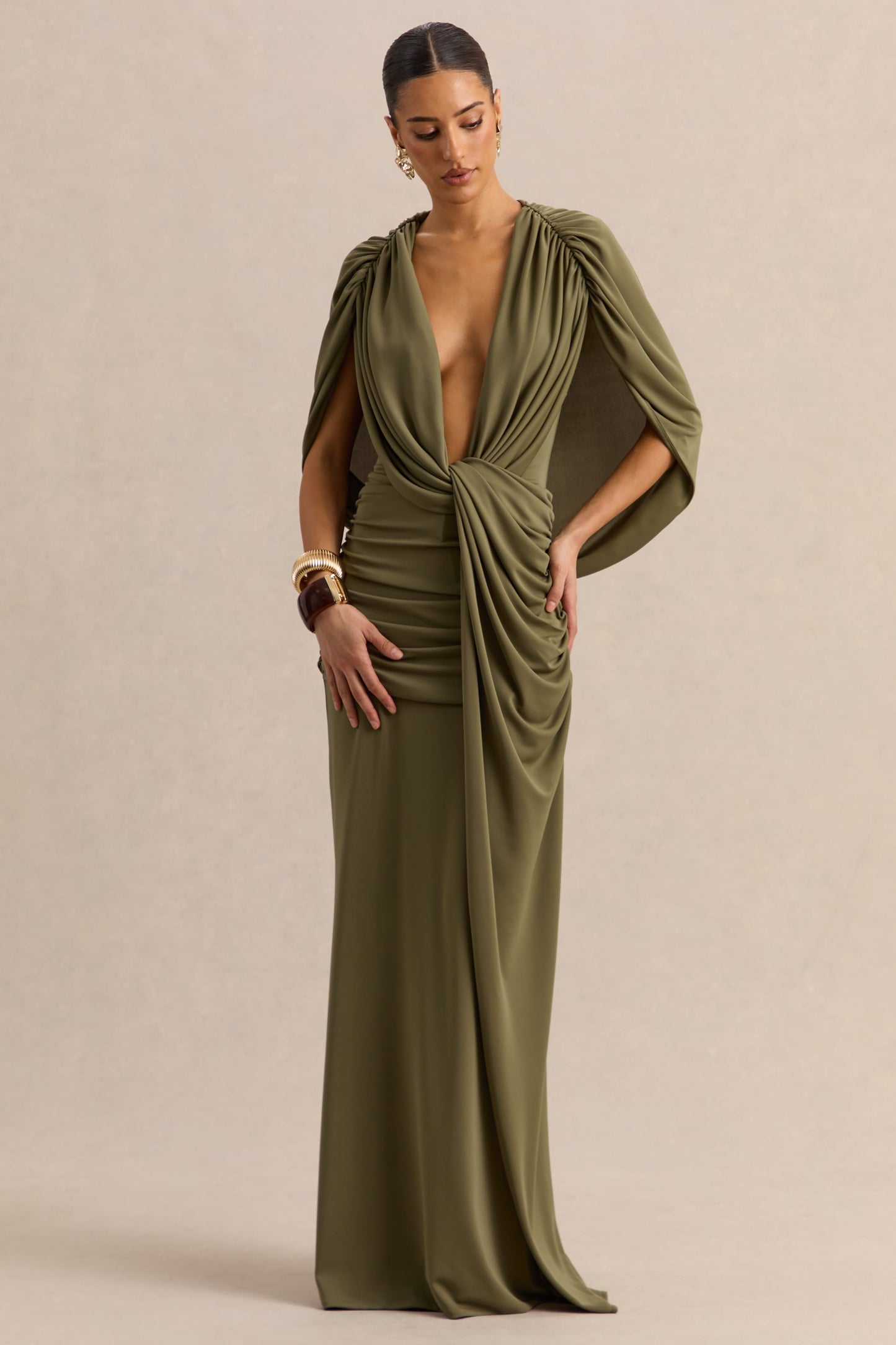 Marisea | Green Plunge-Neck Maxi Dress With Cape-Sleeves